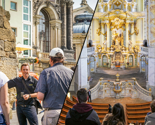 Bildcollage Stadtrundgang durch die Dresdner Altstadt und Blick von den Emporen in die Frauenkirche