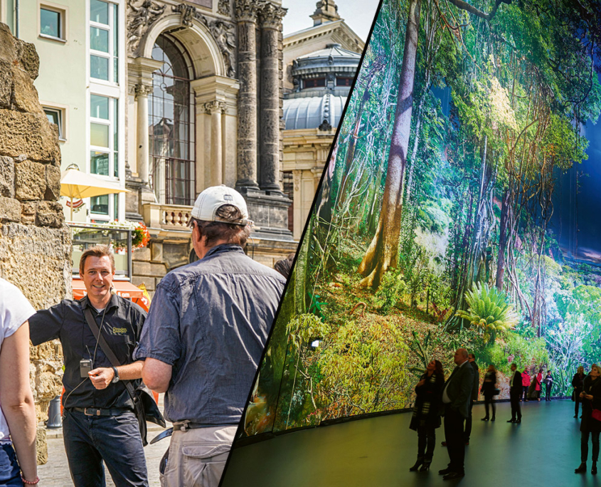 Bildcollage Stadtrundgang durch die Altstadt und Riesenpanorama im Panometer Dresden