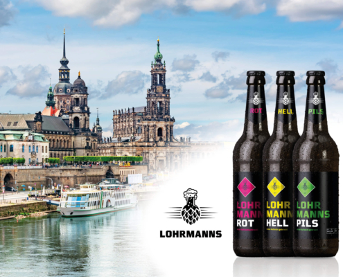 Bierrundgang Lohrmanns Montage Bierrundgang Dresden, Bildcollage Dresdner Altstadt und 3 Flaschen Lohrmanns Bier