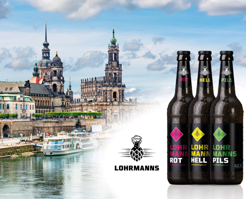 Bierrundgang Dresden, Bildcollage Dresdner Altstadt und 3 Flaschen Lohrmanns Bier