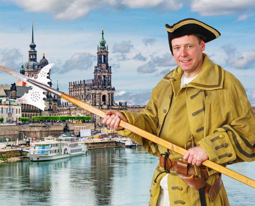 Der Dresdner Stadthauptmann, im Hintergrund die Dresdner Altstadt