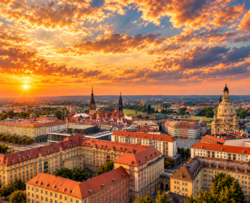 Blick von der Aussichtsplattform des Dresdner Rathausturms auf die Altstadt mit Sonnenuntergang