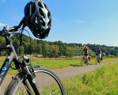 Ein Fahrrad mit Fahrradhelm sowie Radfahrerin und Radfahrer auf dem Elberadweg in Dresden