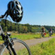 Ein Fahrrad mit Fahrradhelm sowie Radfahrerin und Radfahrer auf dem Elberadweg in Dresden